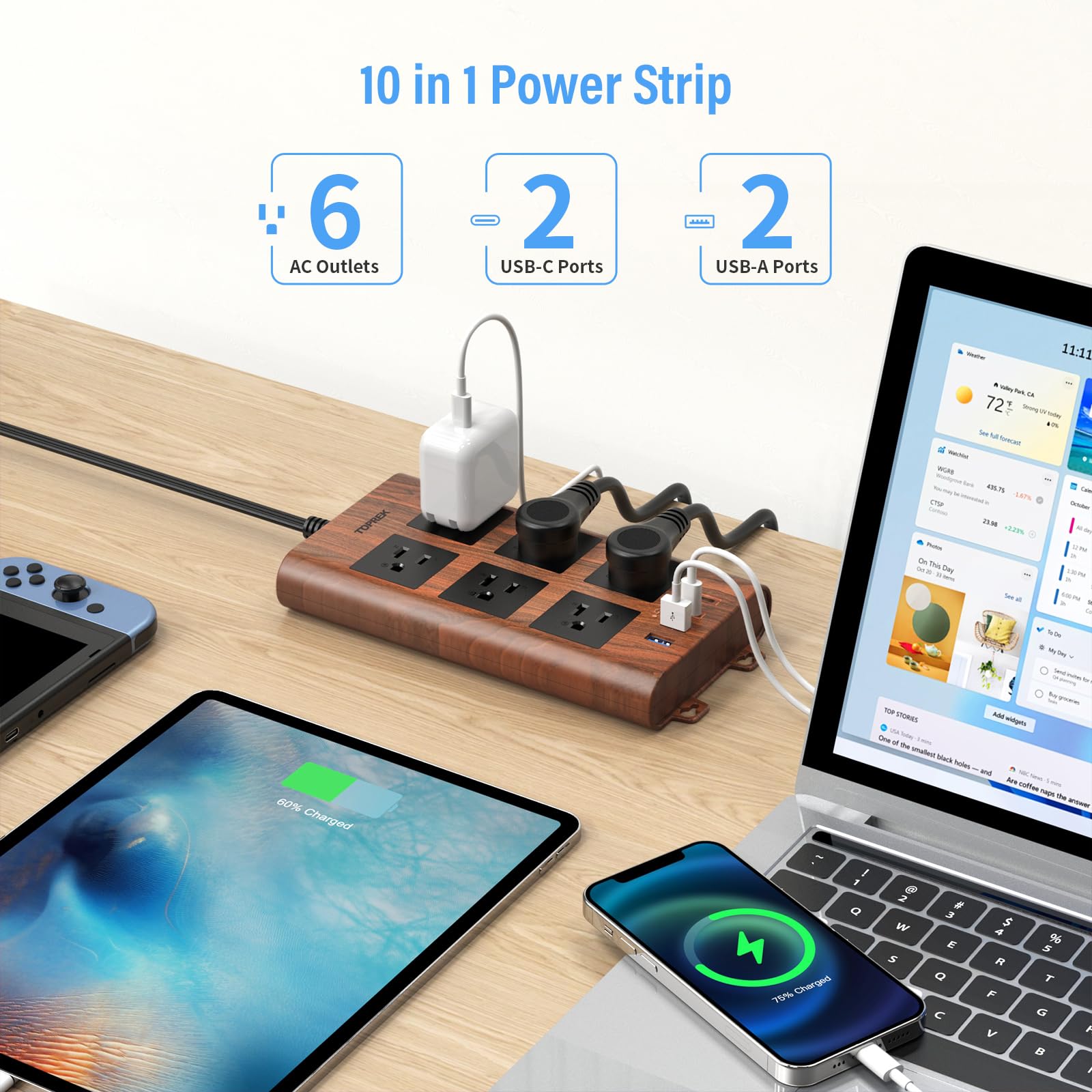 TOPREK power strip with wide-spaced outlets to fit bulky adapters.