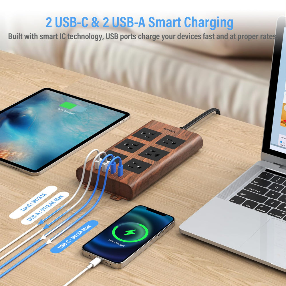 TOPREK USB-C and USB-A ports charge devices directly at the workspace.