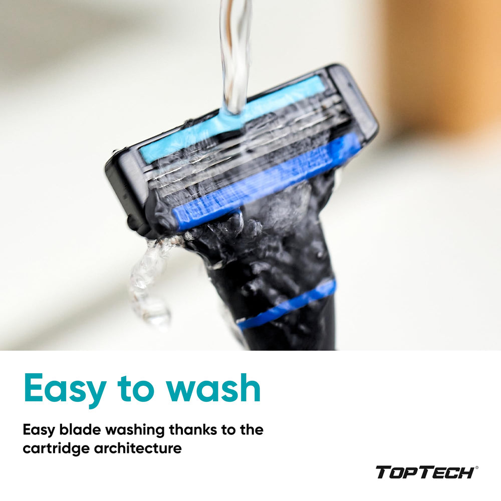 Toptech Razor 3 pre-shave strip guides hairs toward blades for smoother passes.