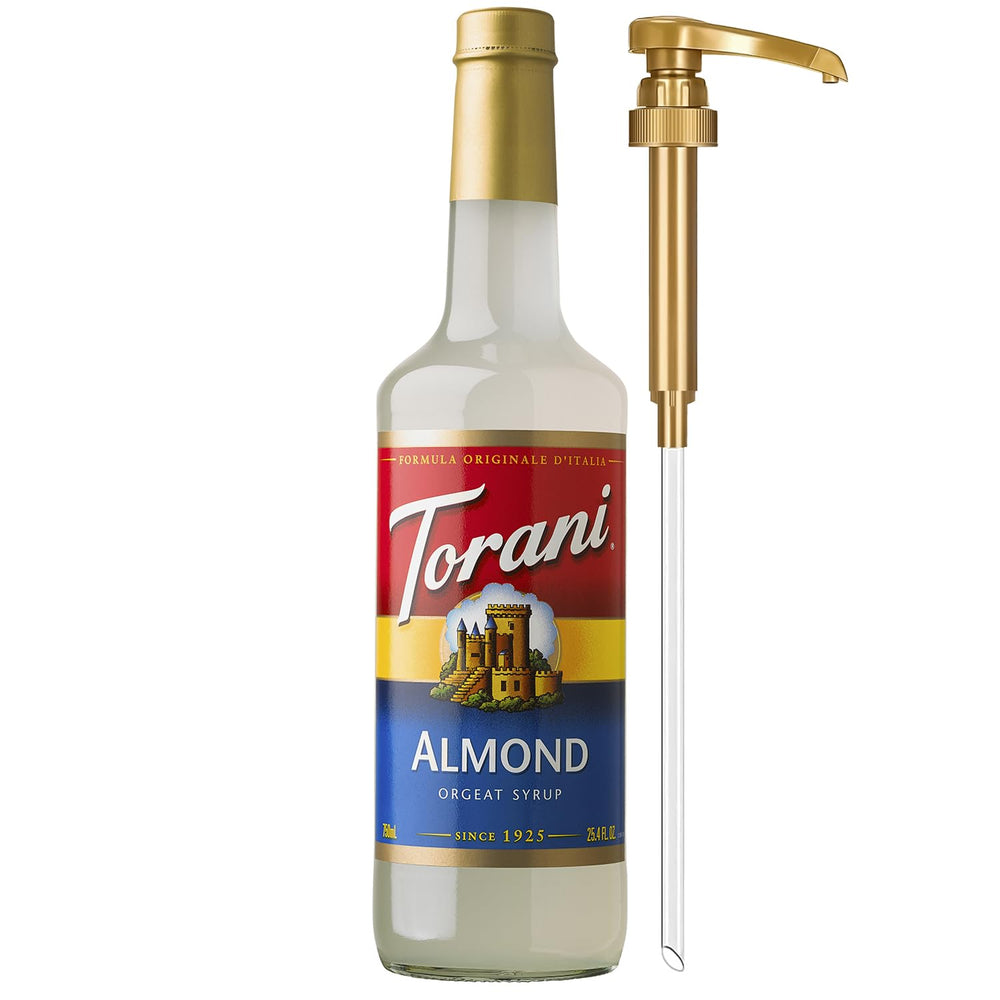 Torani Almond Orgeat Syrup bottle with pump enables precise flavoring in beverages.