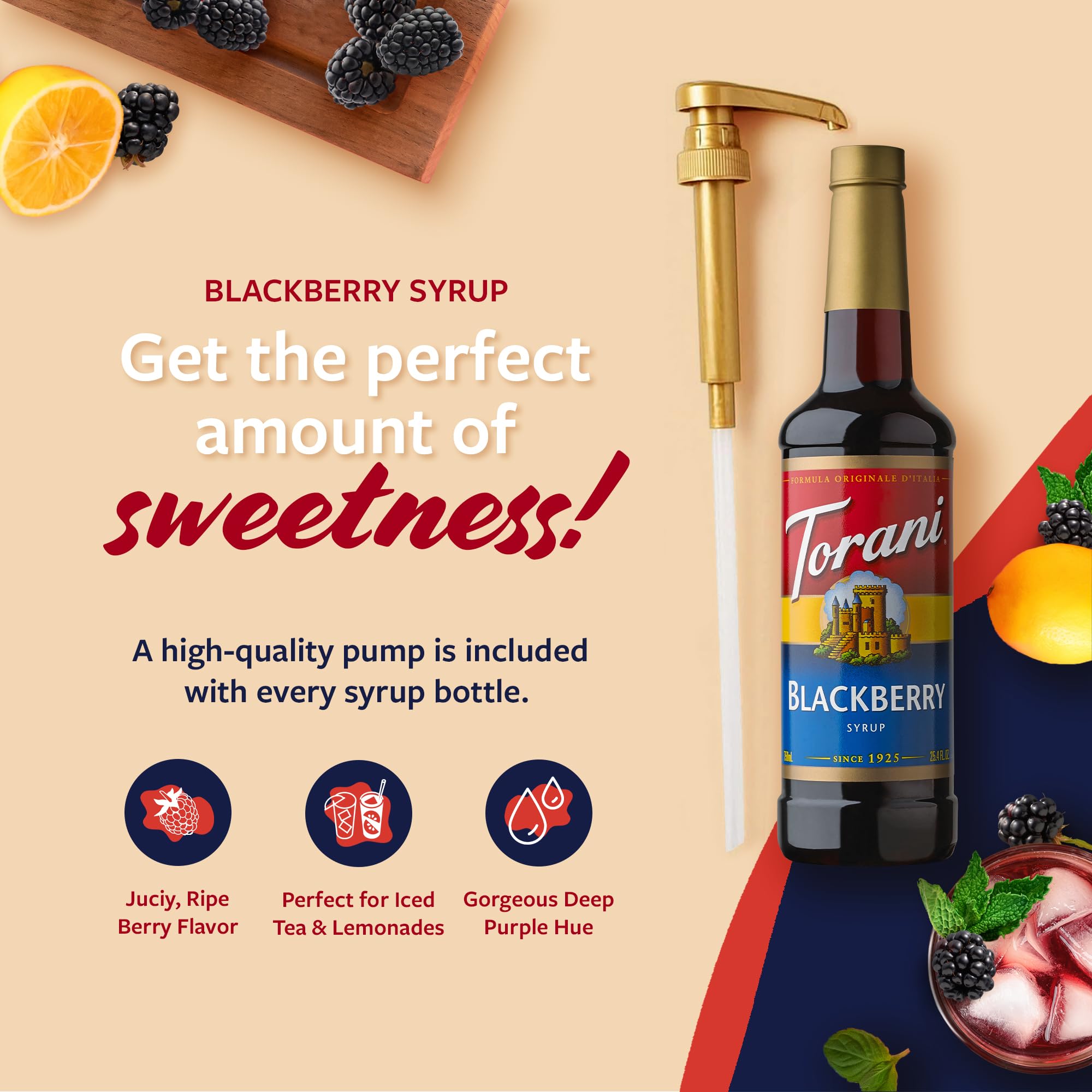 Torani Blackberry Syrup pour showing control and ease
