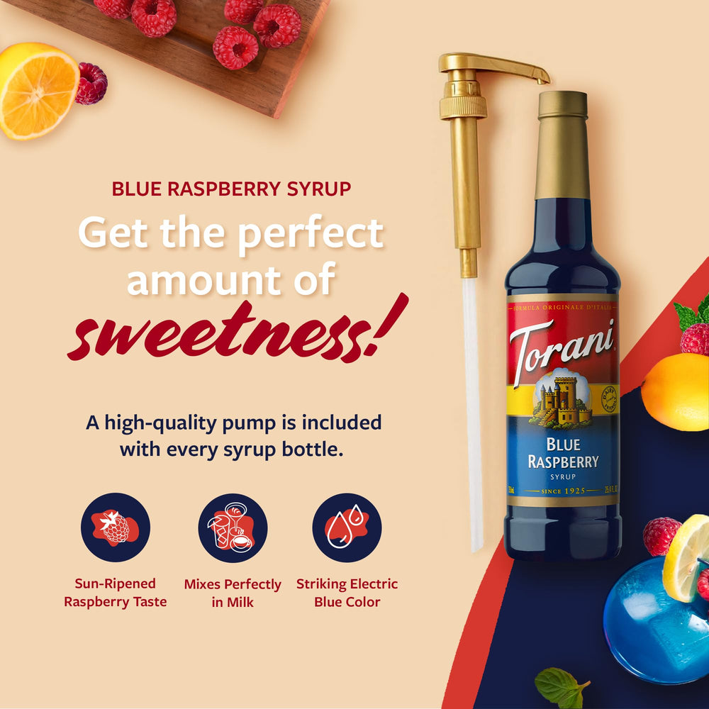 Pouring Torani Blue Raspberry Syrup into iced tea for a vibrant, refreshing drink.