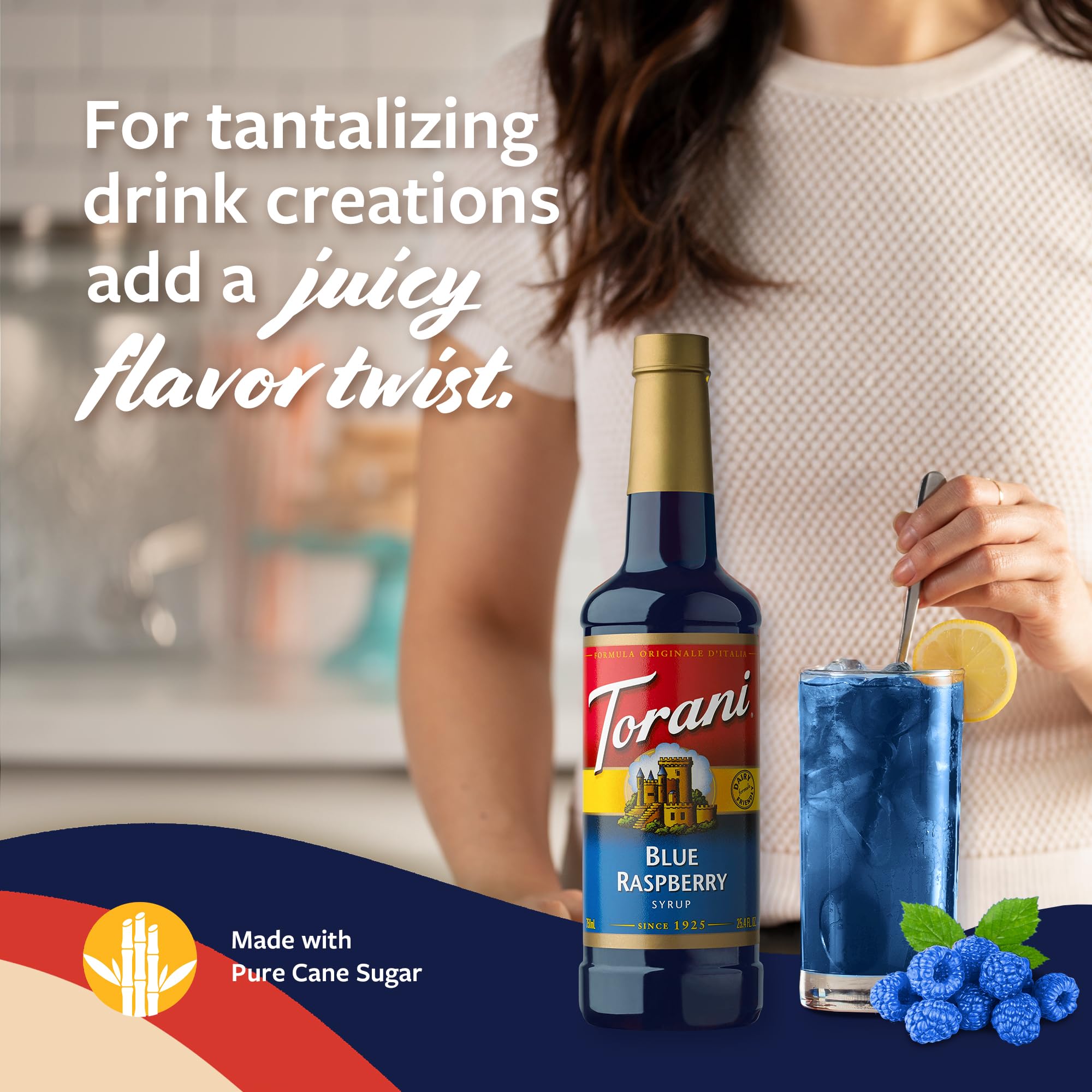 Soda glass showcasing vivid blue color and flavorful twist.