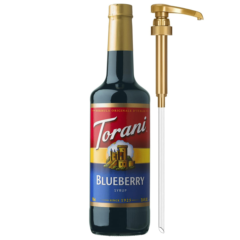 Torani Blueberry Syrup bottle with pump for precise, mess-free pouring