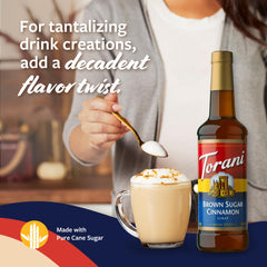 Torani Brown Sugar Cinnamon syrup in a coffee cup for a latte