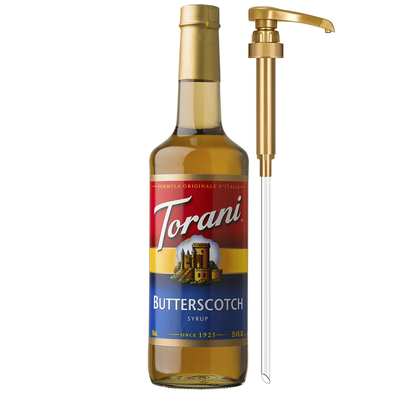 Torani Butterscotch Syrup bottle with pump for precise sweetness in coffee and desserts.