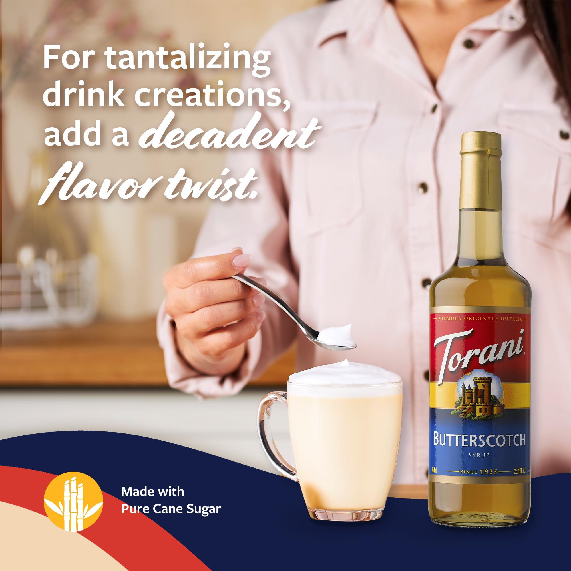 Torani Glass bottle close-up emphasizes durable, mess-free packaging.