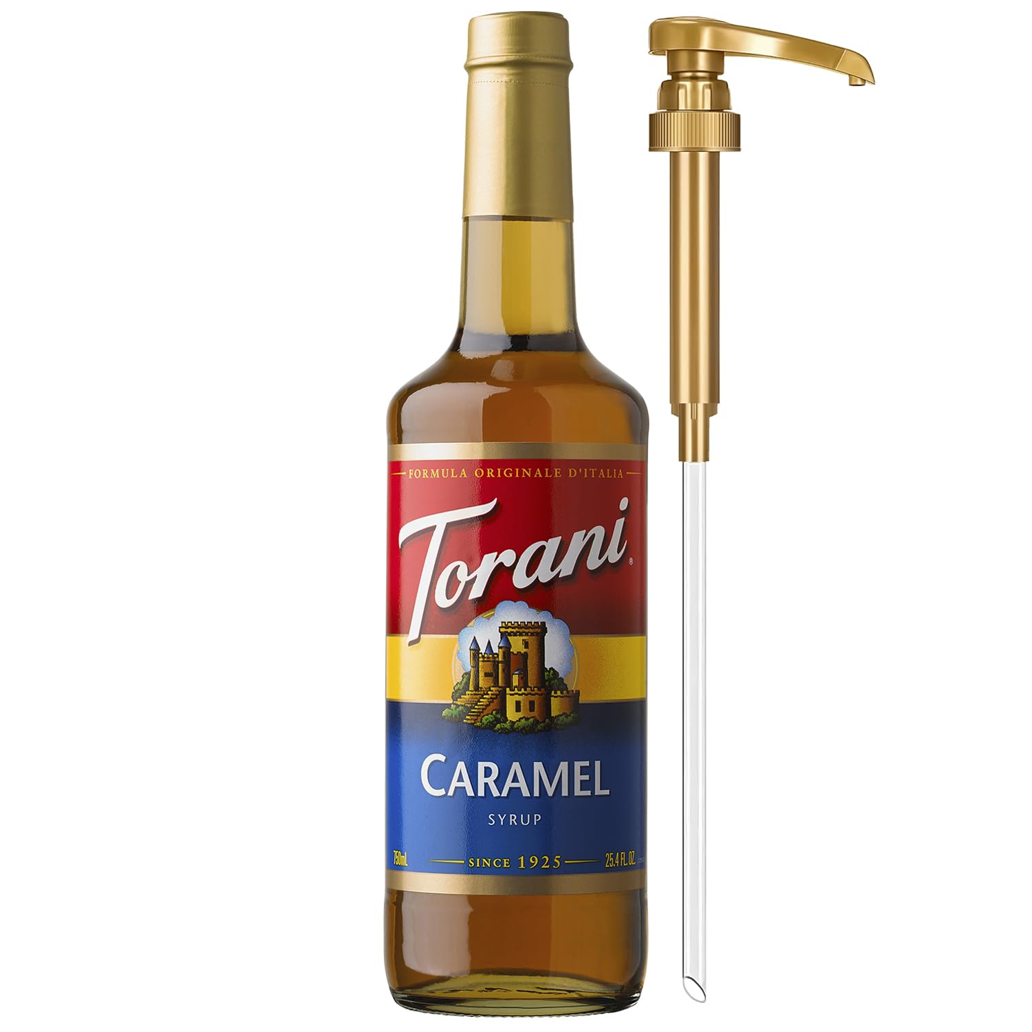 Torani caramel coffee syrup bottle with pump for easy, mess-free sweetening.