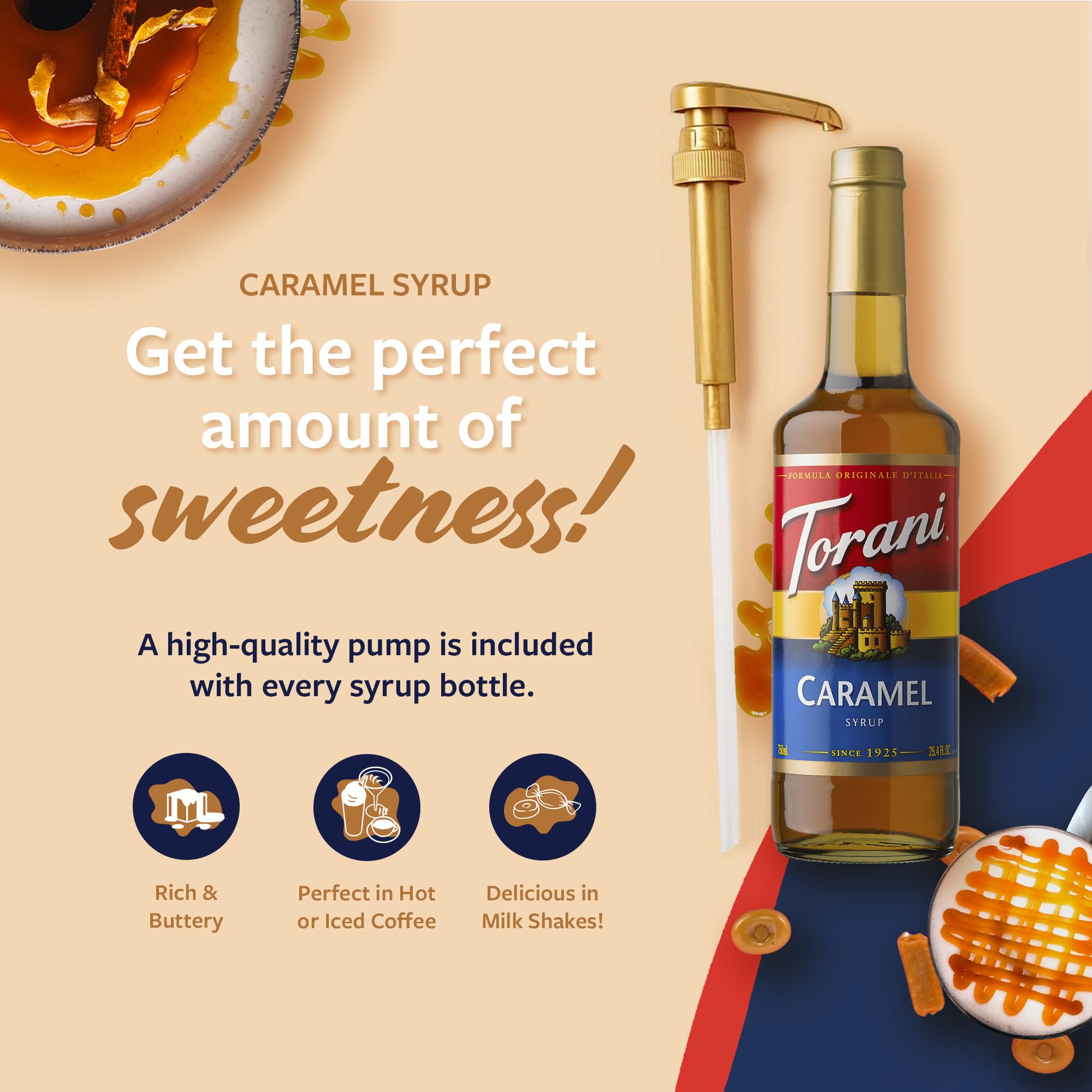 Torani caramel syrup as dessert topping on ice cream and waffles.