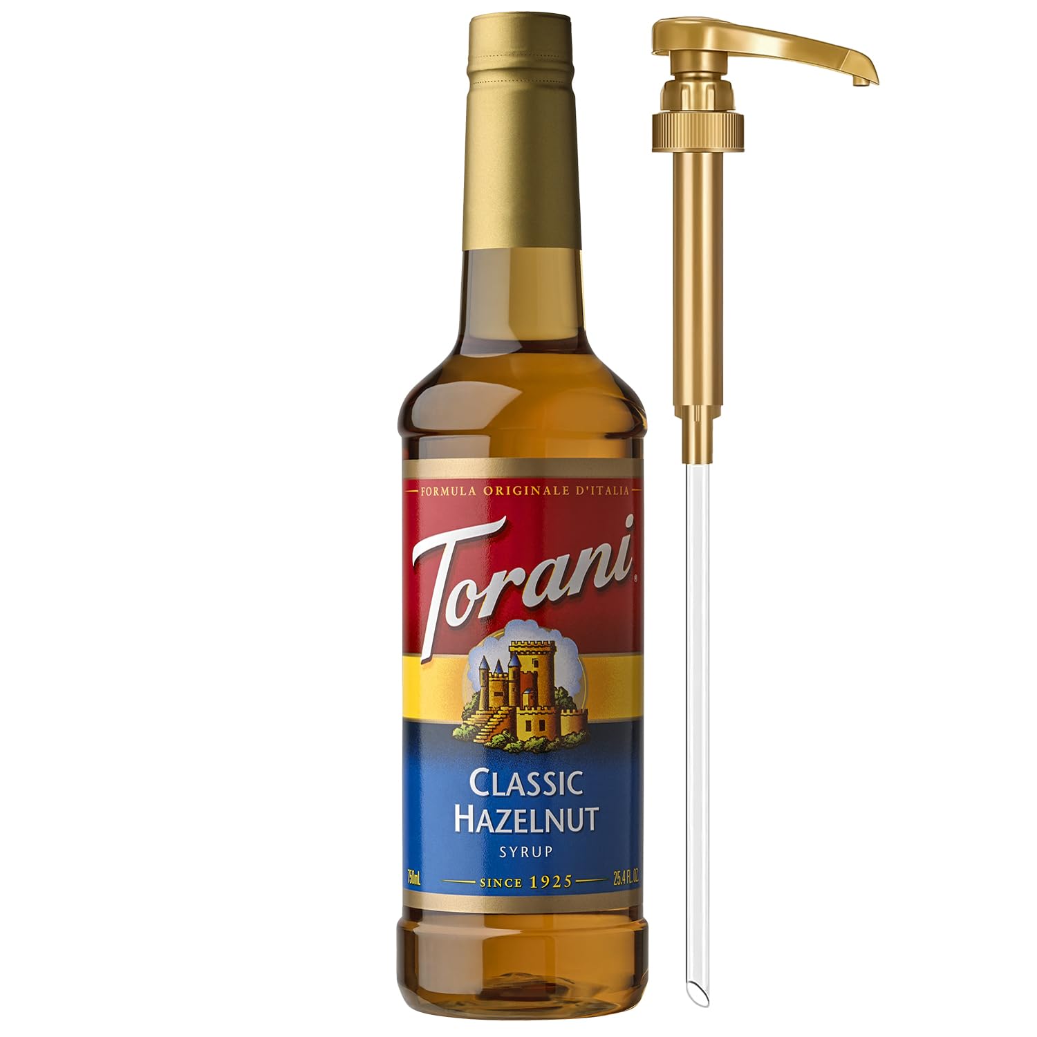 Torani classic hazelnut syrup bottle with pump, for precise, mess-free sweetening.