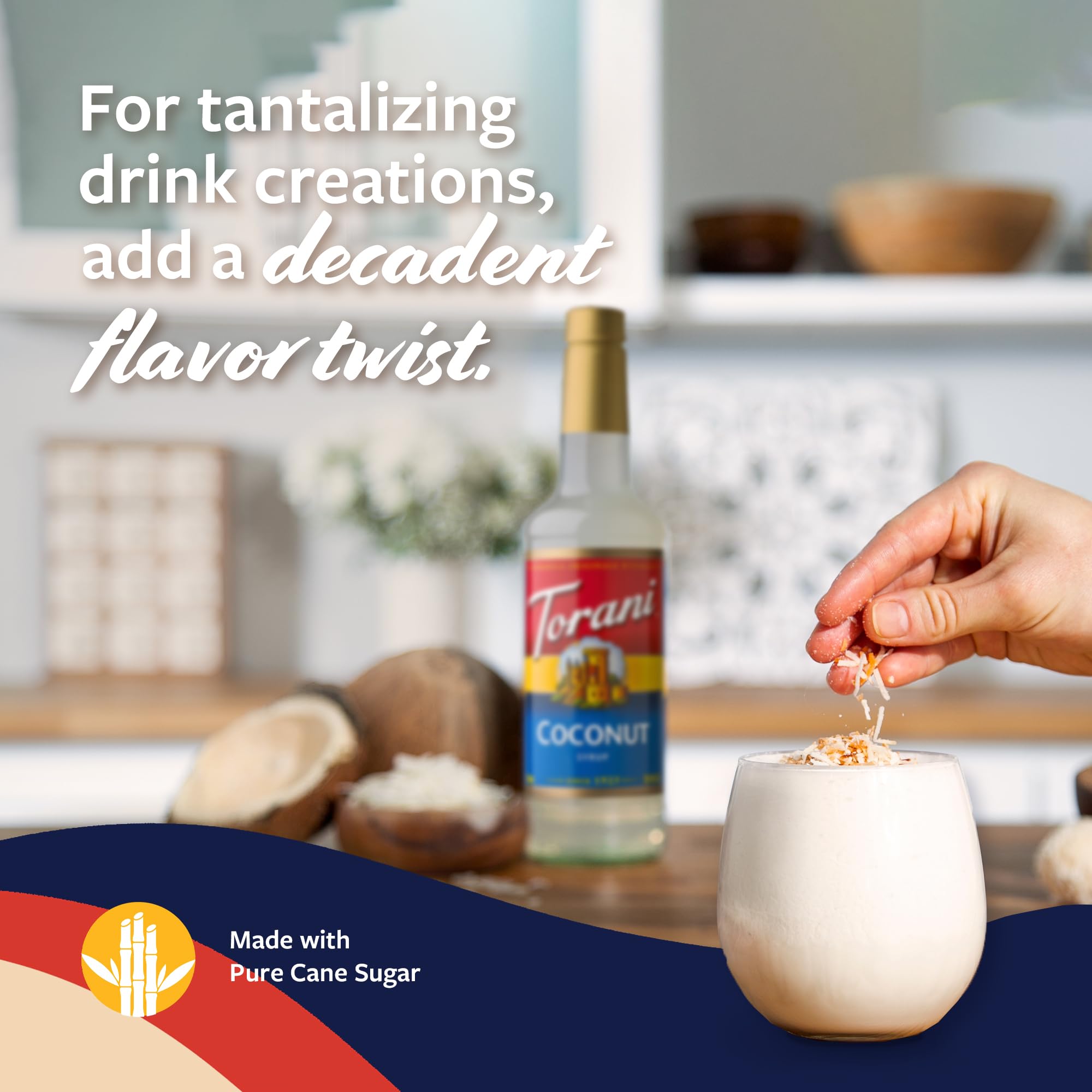 Torani Coconut Syrup in a BPA-free bottle for safe kitchen use.