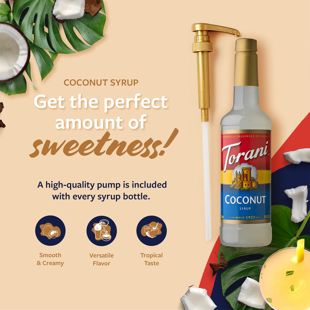 Torani Coconut Syrup used in a tropical cocktail for coconut flavor.