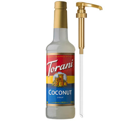Torani Coconut Syrup pump bottle for easy, mess-free pours.