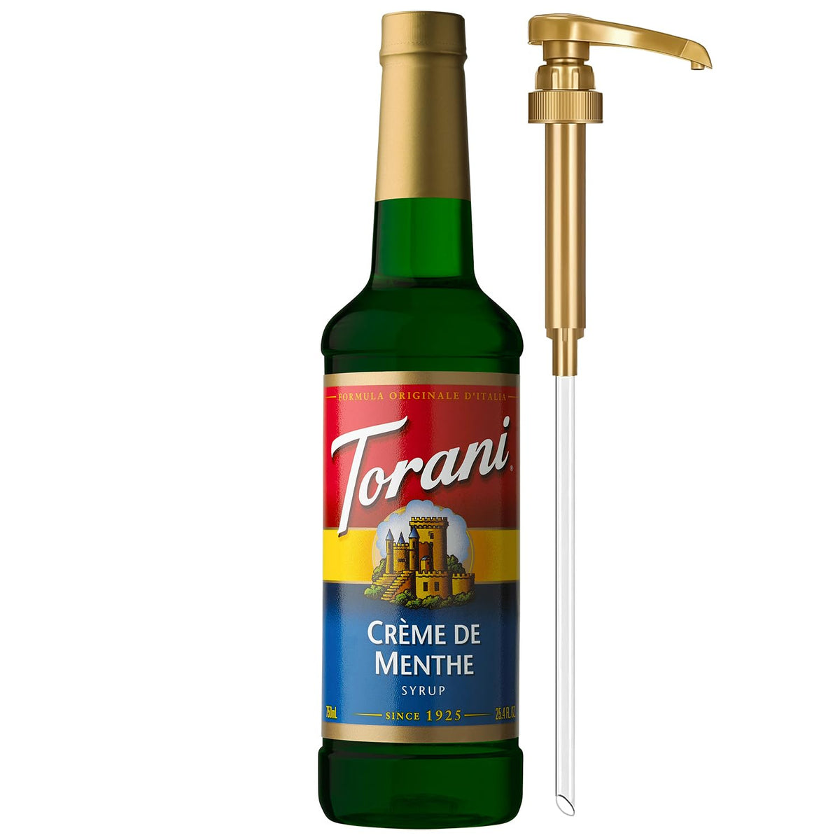 Torani Creme de Menthe syrup bottle adds mint flavor to lattes without alcohol.