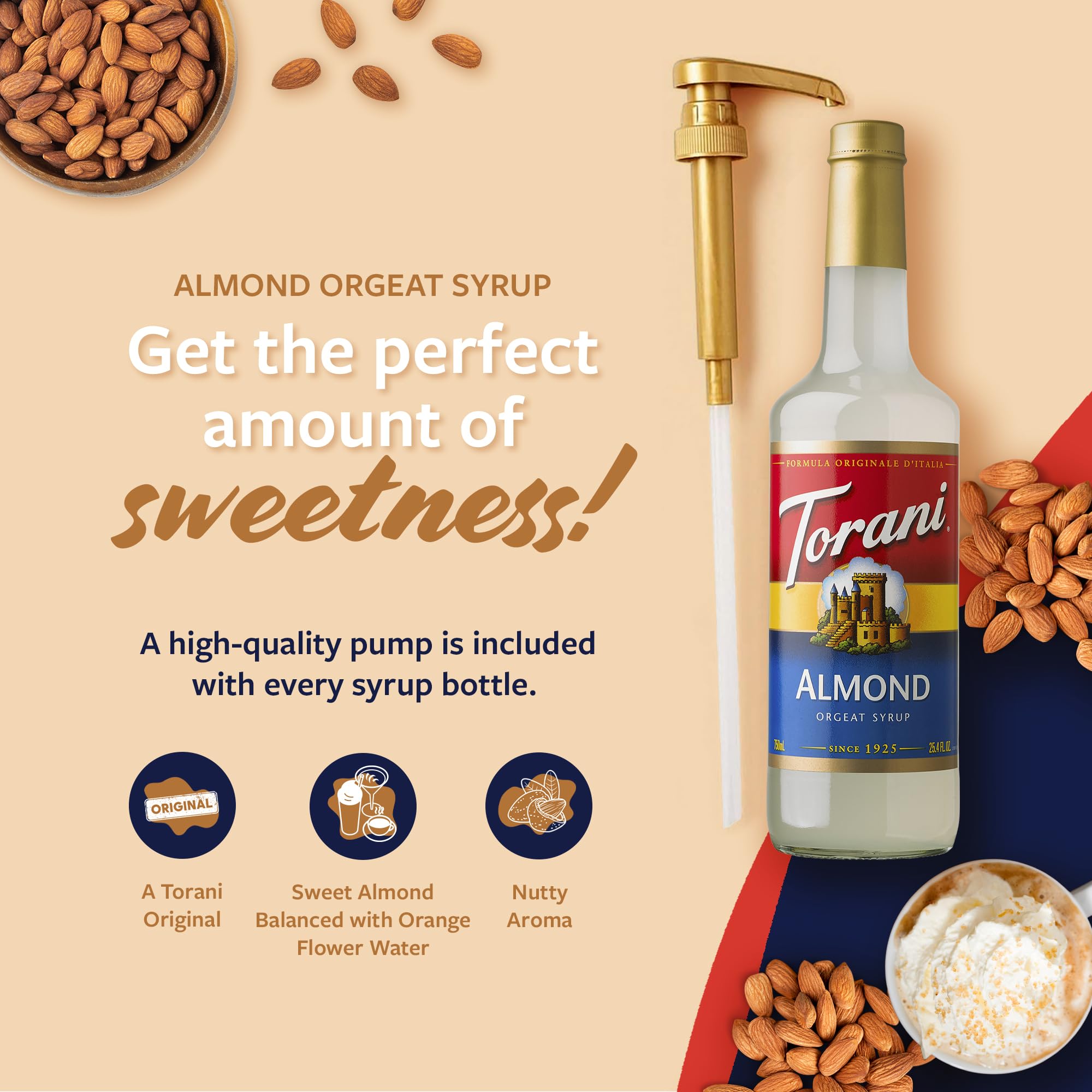 Pouring Torani Almond Orgeat into coffee to enhance aroma and sweetness.