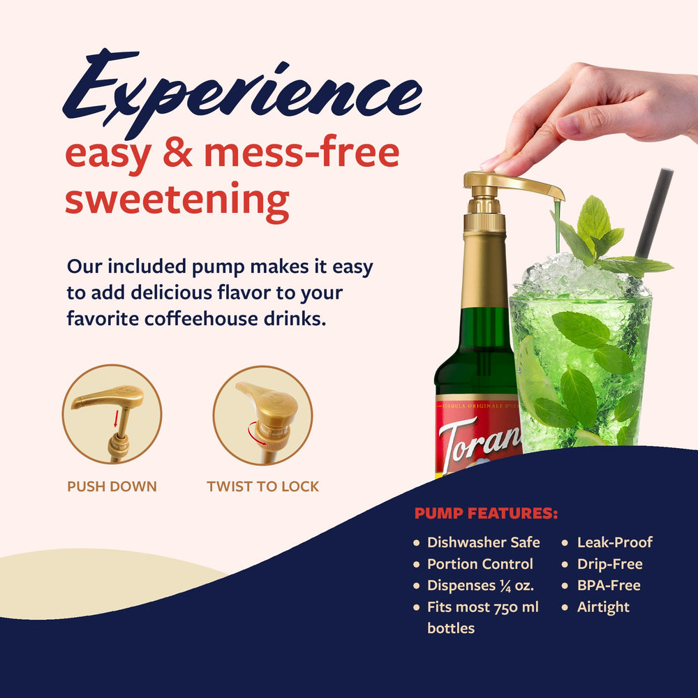 Torani Creme de Menthe syrup being poured into a cold brew for a minty twist.
