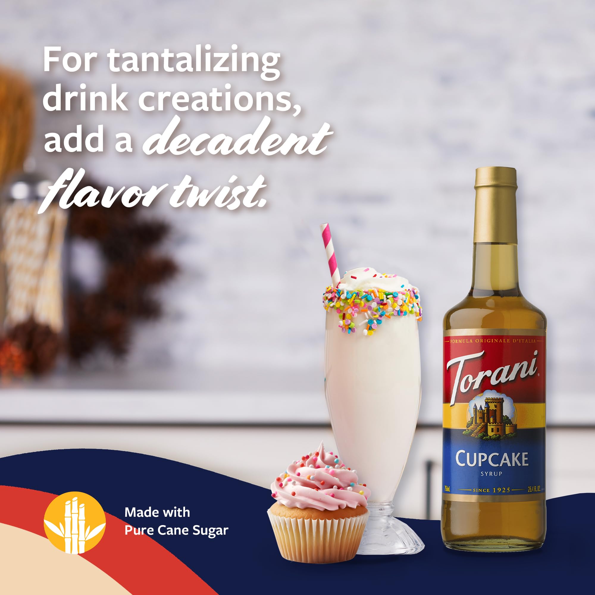 Torani Cupcake Syrup on a kitchen counter ready for recipe experimentation