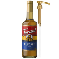 Torani Cupcake Syrup glass bottle with pump for precise, mess-free flavoring in drinks