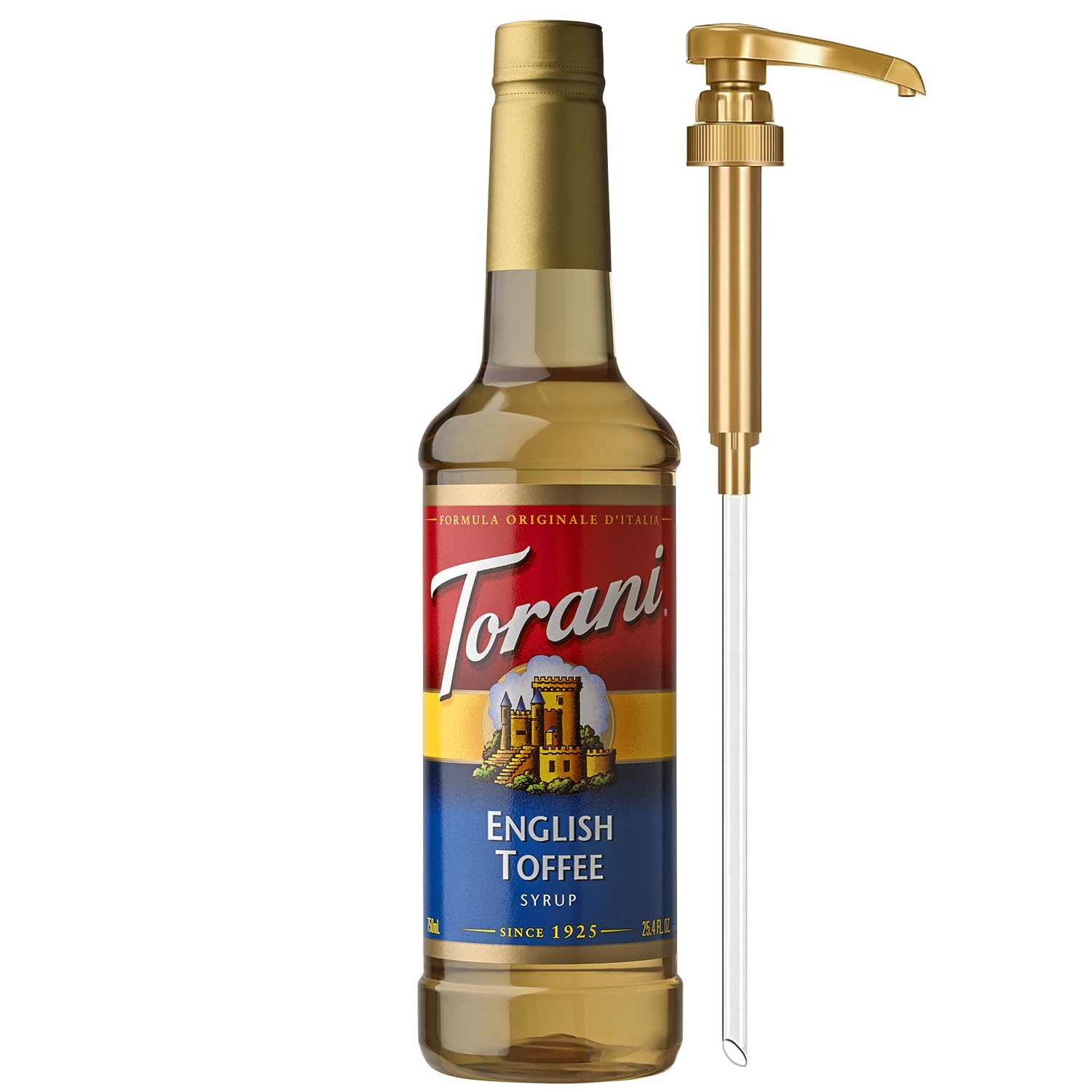 Torani English Toffee Syrup bottle with pump for easy coffee sweetness.