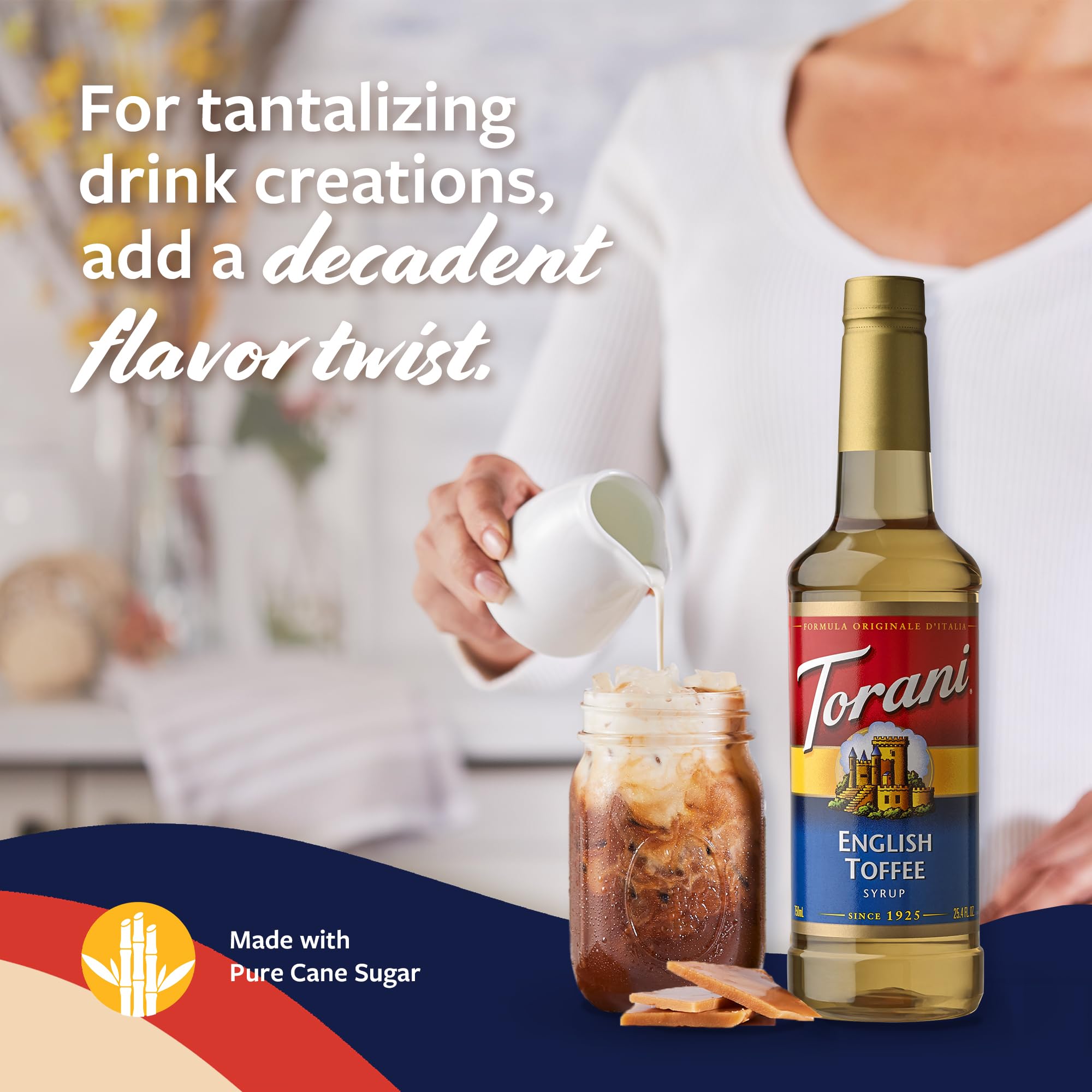 Torani English Toffee Syrup pump-dispensing for mess-free pouring.
