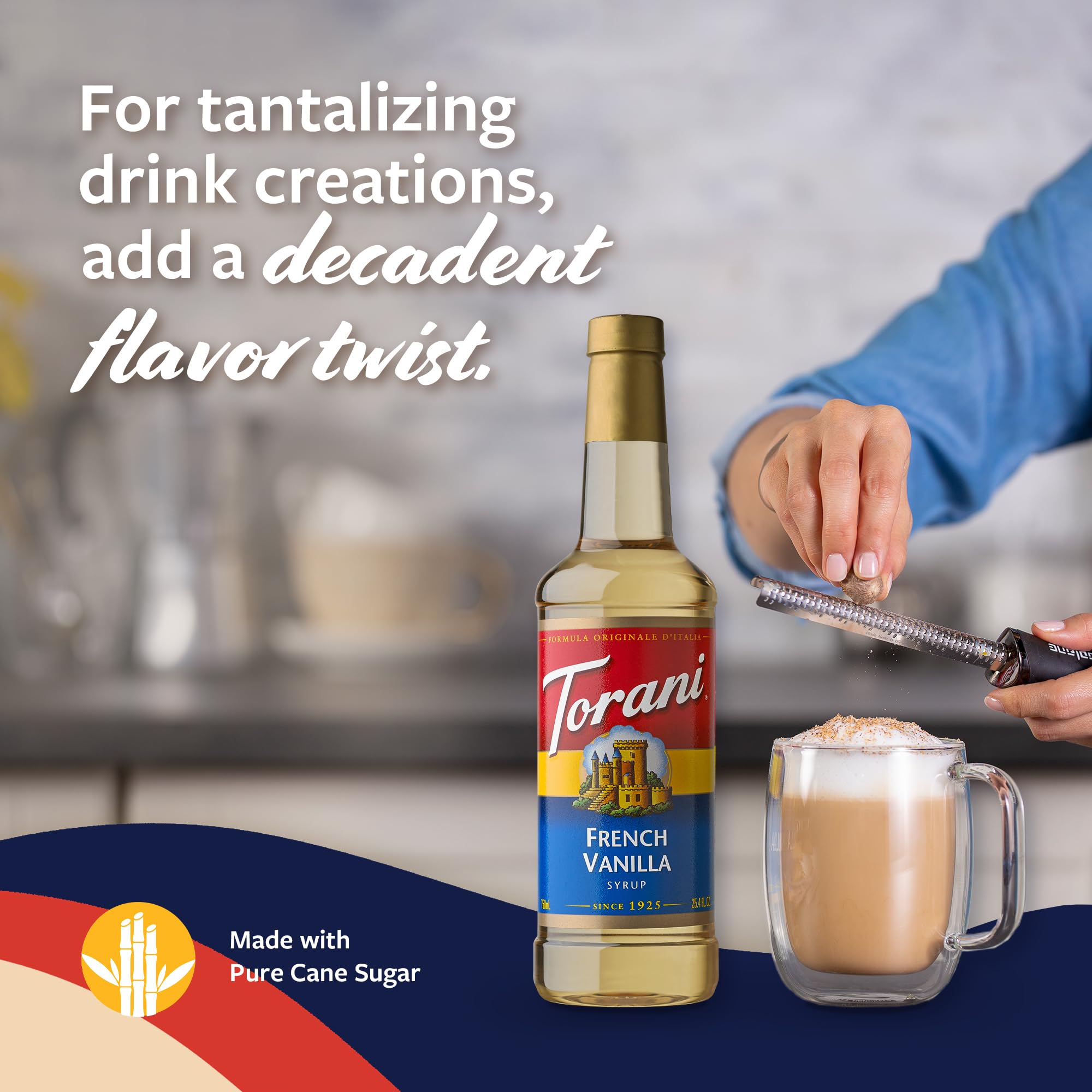 Vanilla drizzle over dessert using Torani French Vanilla syrup