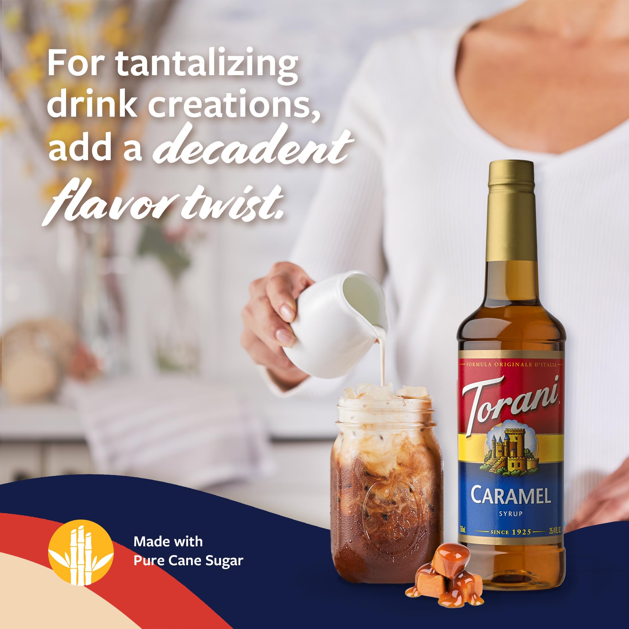Torani glass bottle with pump offers precise portions and less mess.