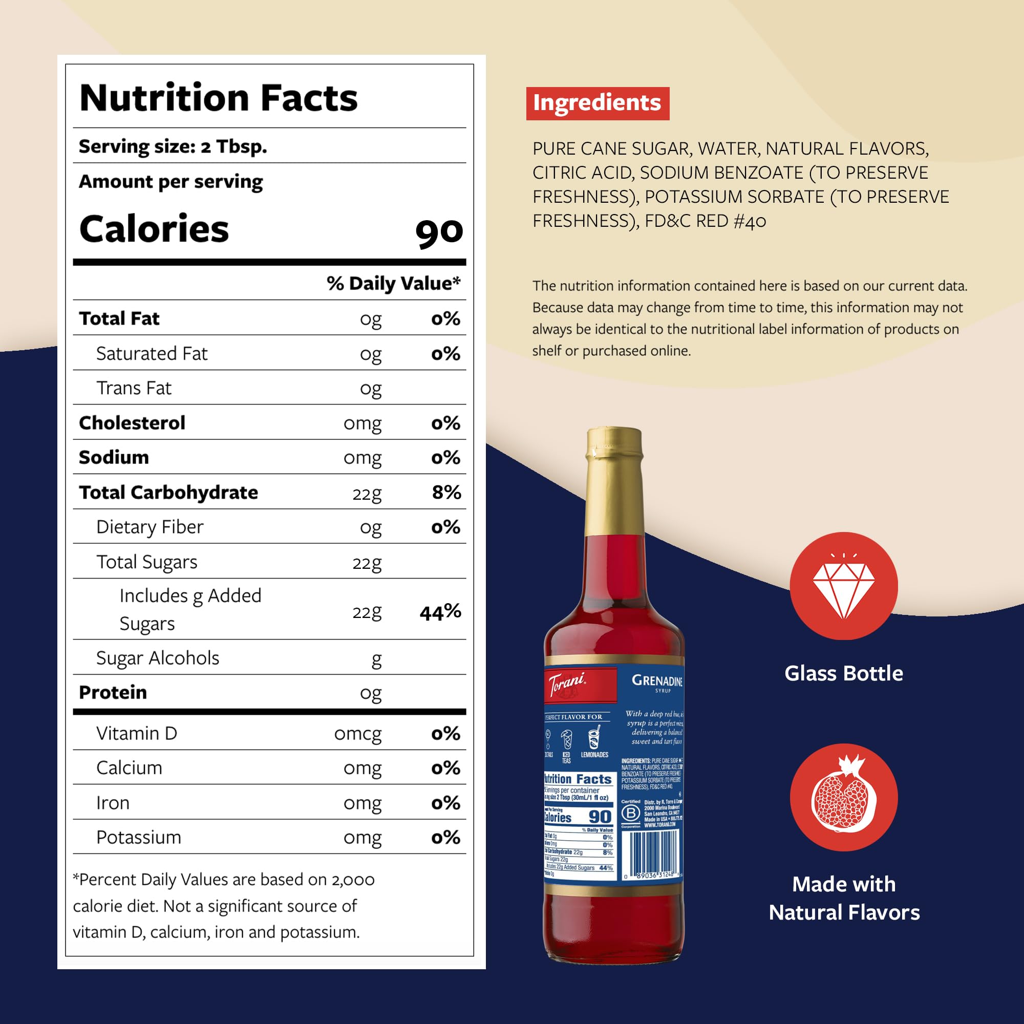 Torani Grenadine Syrup bottle shows vibrant red color for enticing beverages.