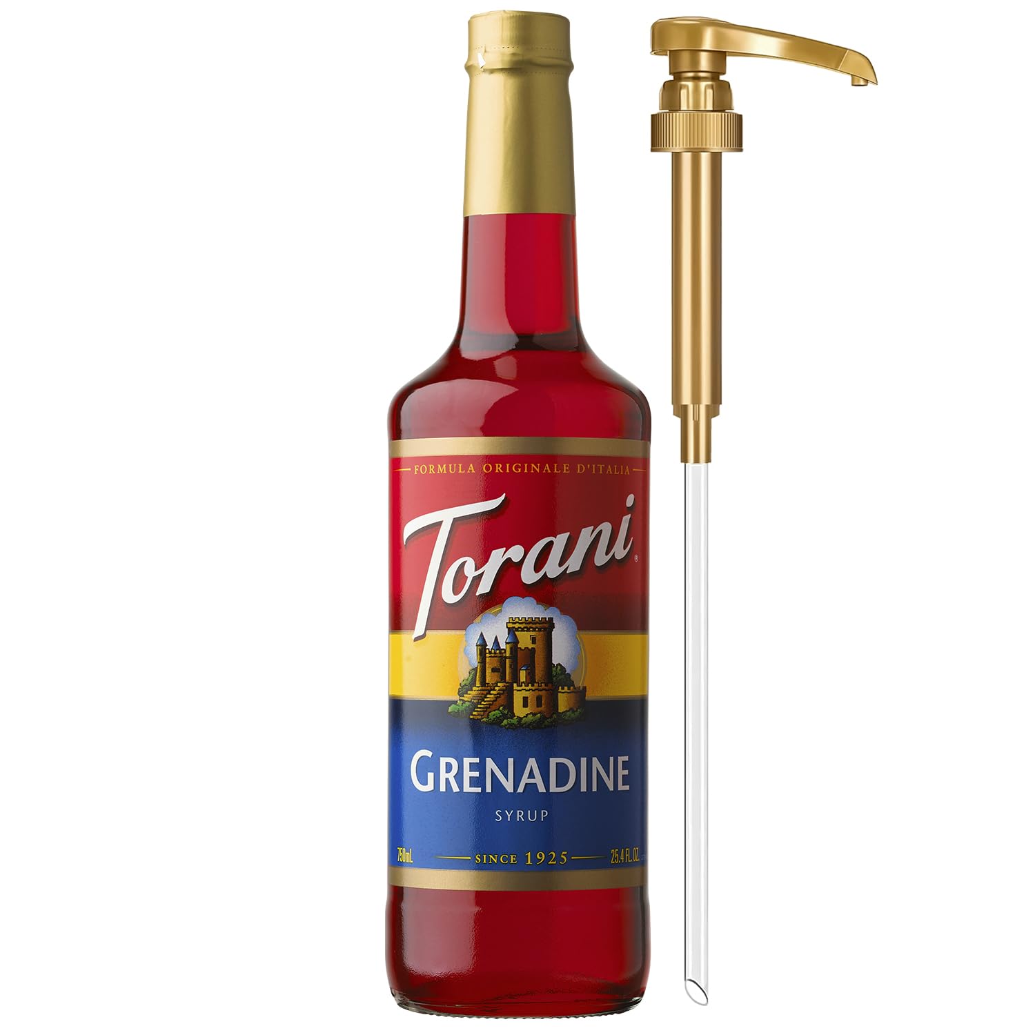 Torani Grenadine Syrup bottle with pump for easy, mess-free flavoring in drinks.