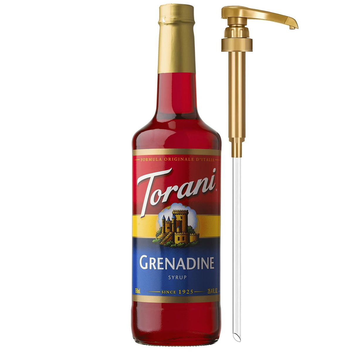 Torani Grenadine Syrup bottle with pump for easy, mess-free flavoring in drinks.