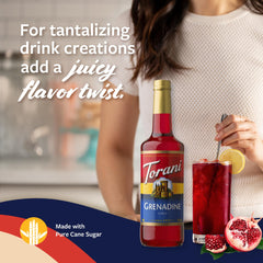 Pouring Torani Grenadine Syrup into cocktails and mocktails for balanced sweetness.