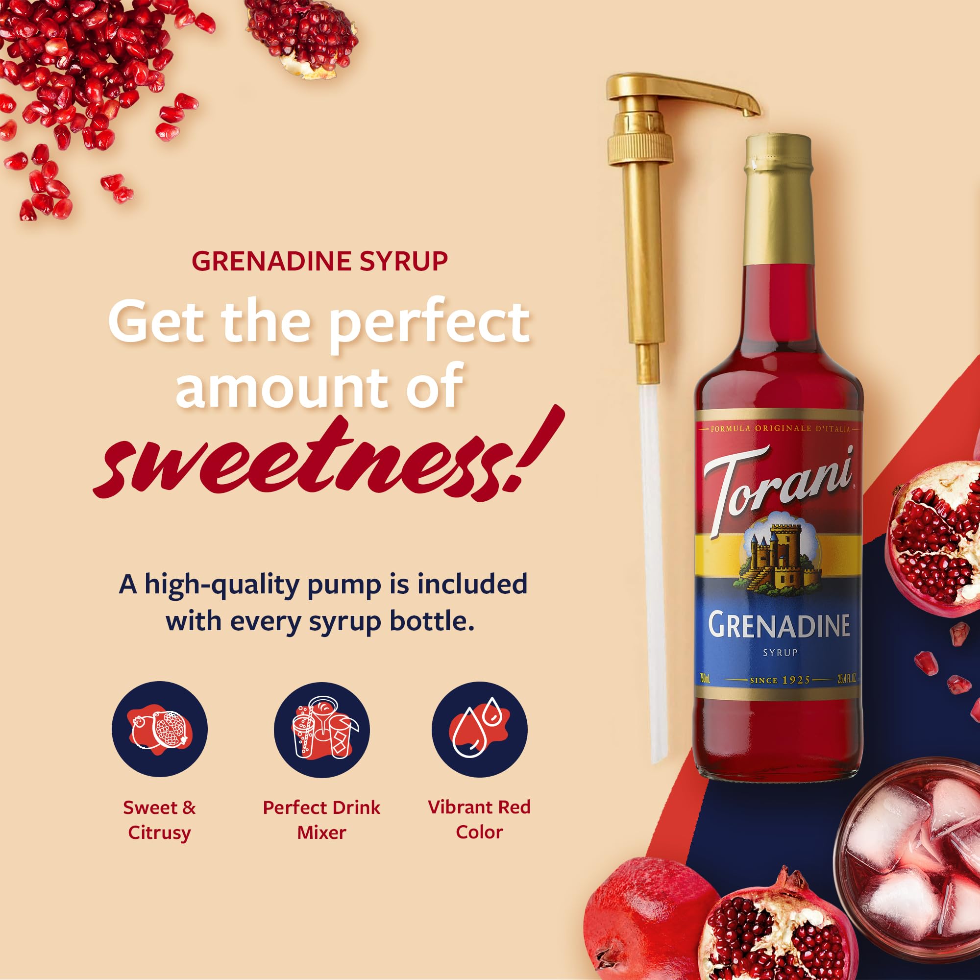 Torani Grenadine Syrup 750ml bottle with pump enables precise portioning.