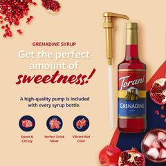 Torani Grenadine Syrup 750ml bottle with pump enables precise portioning.