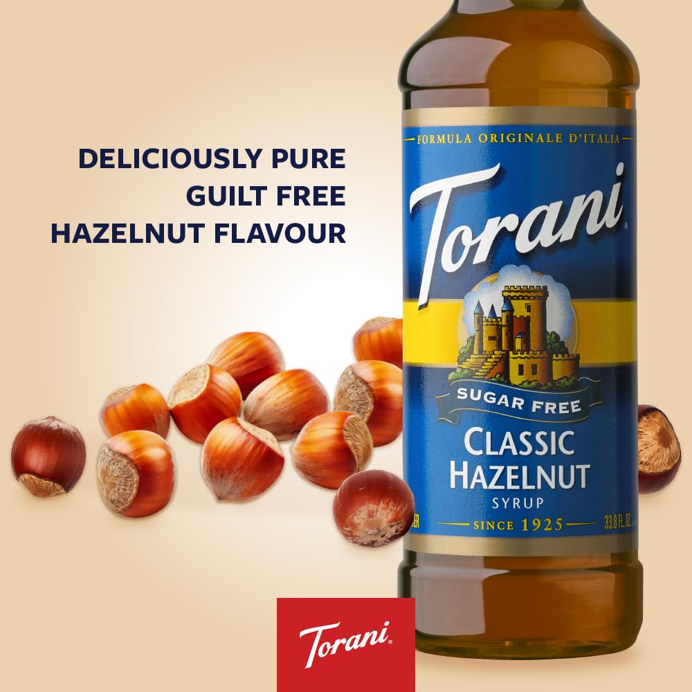 Close-up of Torani Hazelnut Sugar Free bottle with rich aroma