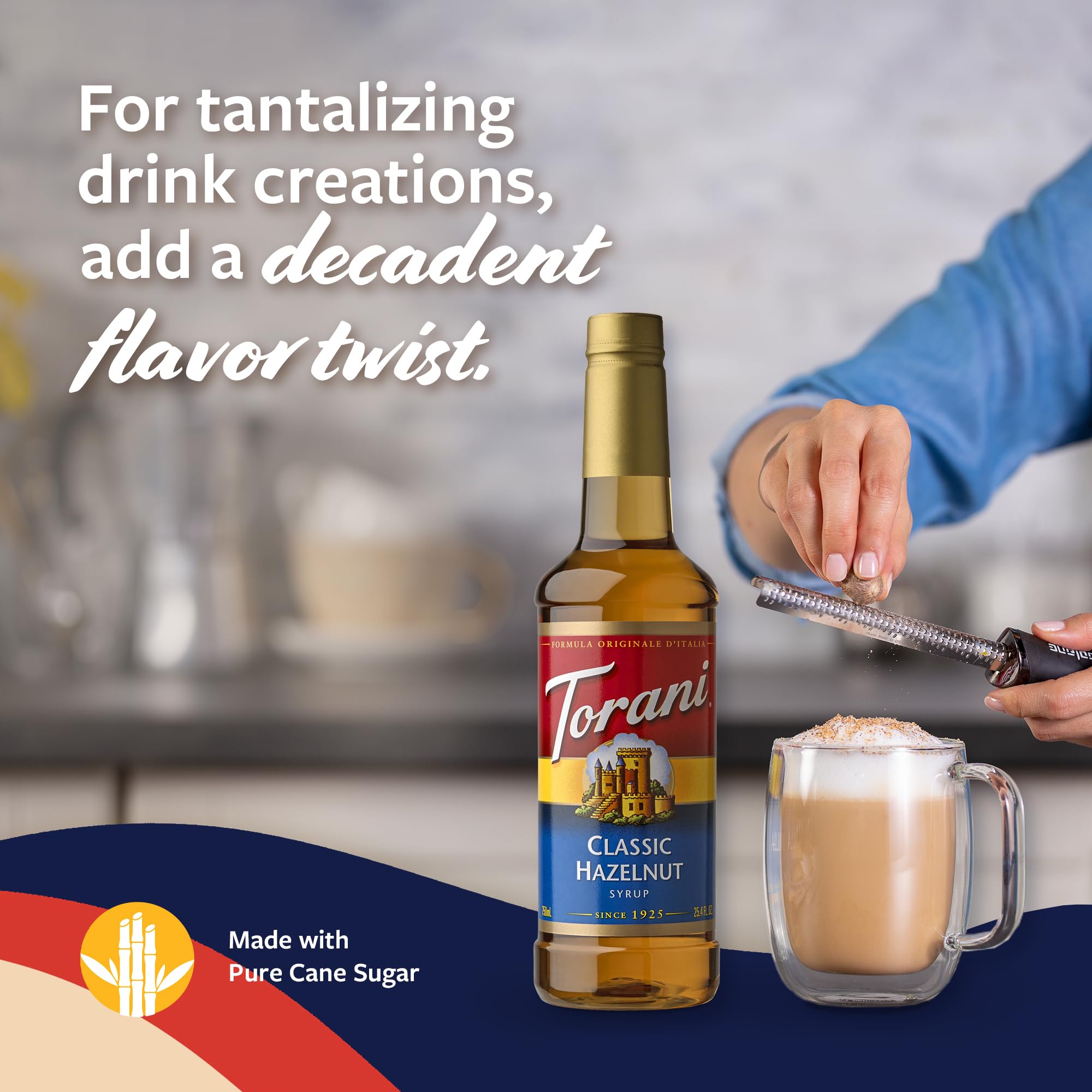 Torani hazelnut syrup drizzle over a latte for a warm, aromatic coffee drink.