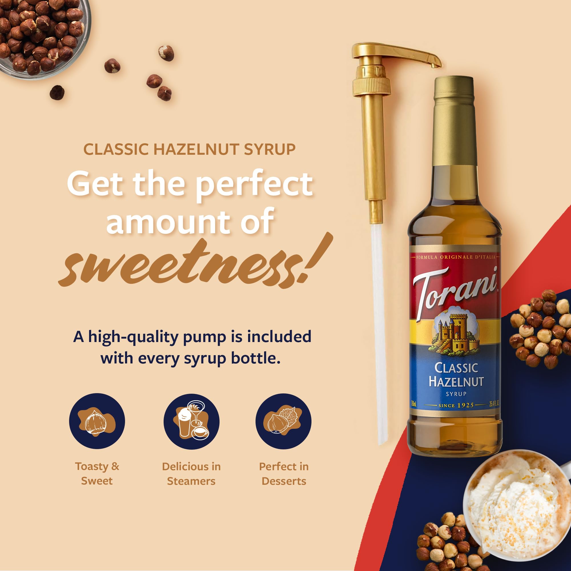 Torani hazelnut syrup dessert topping adds rich flavor to cakes and pastries.