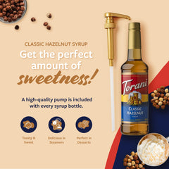 Torani hazelnut syrup dessert topping adds rich flavor to cakes and pastries.