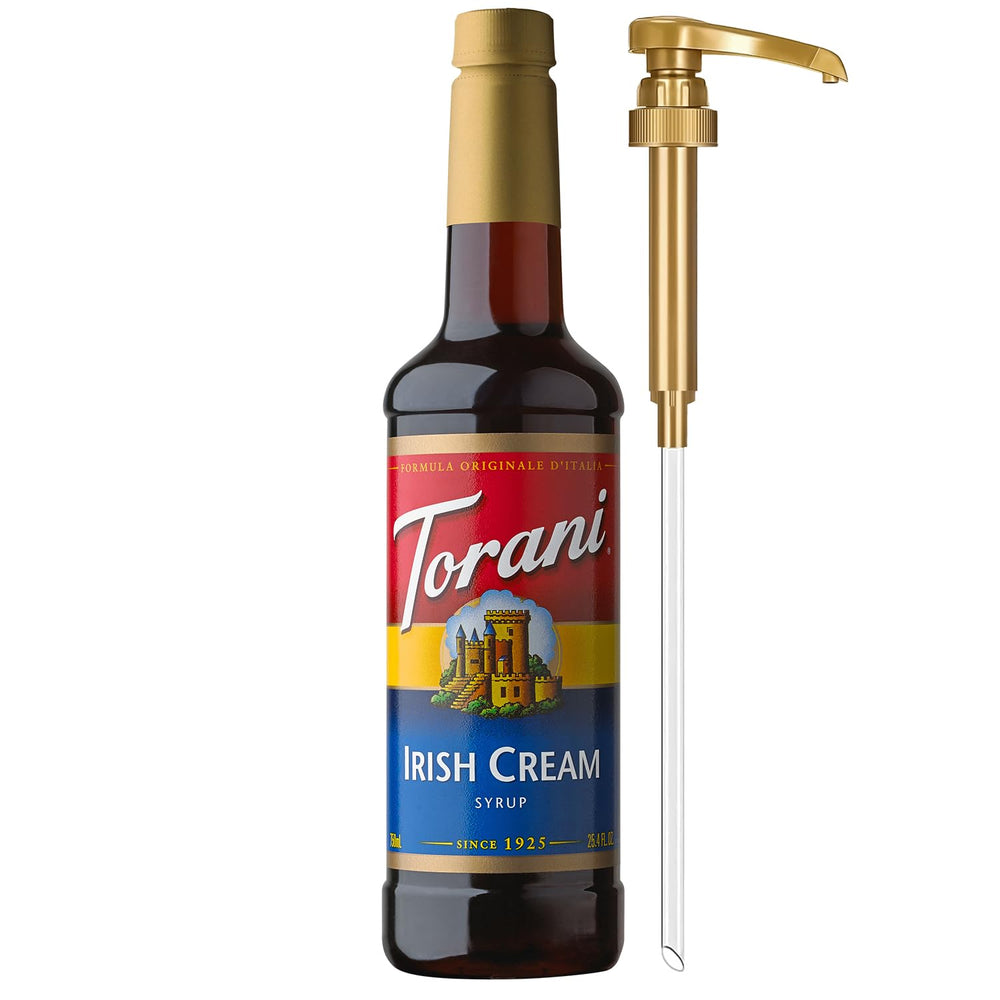 Torani Irish Cream Syrup bottle with pump for easy, precise dosing.