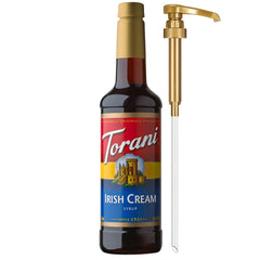 Torani Irish Cream Syrup bottle with pump for easy, precise dosing.