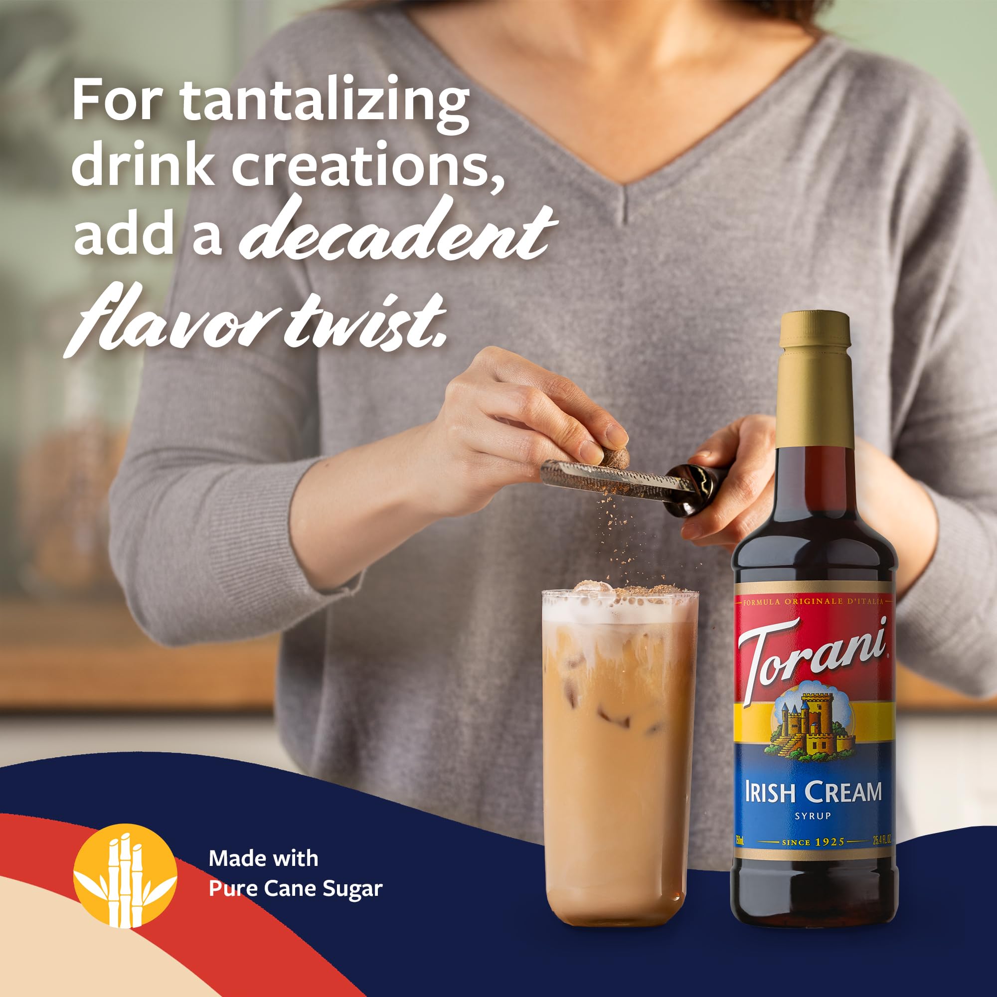 Close-up of the Torani Irish Cream Syrup label on the bottle.