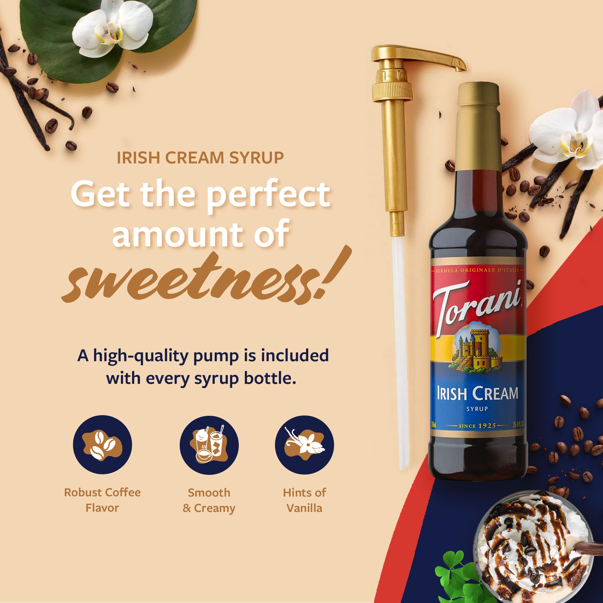 Pouring Torani Irish Cream Syrup into a beverage.