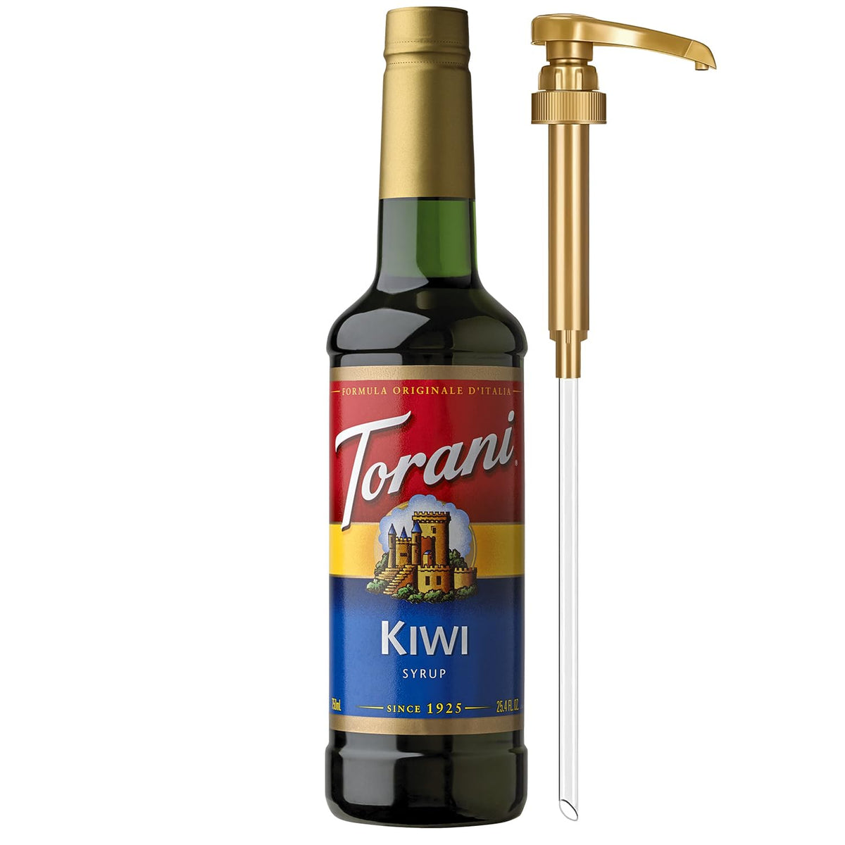Torani Kiwi Syrup bottle with pump for easy, mess-free flavoring of drinks.