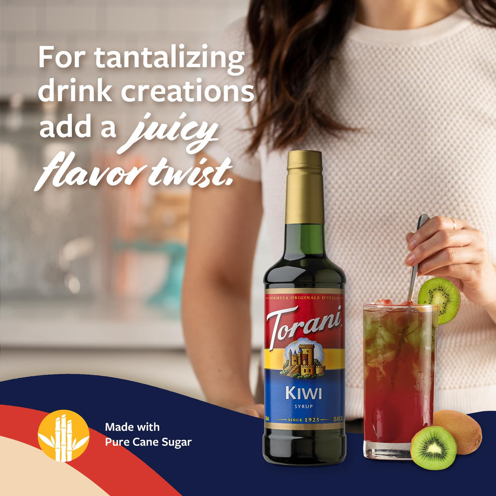 Detail of Torani Kiwi Syrup label highlighting natural flavors and cane sugar.