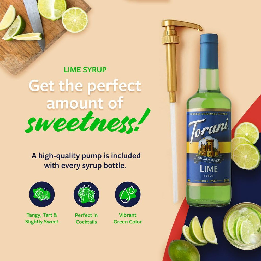 Torani Lime Syrup being poured to create refreshing drinks