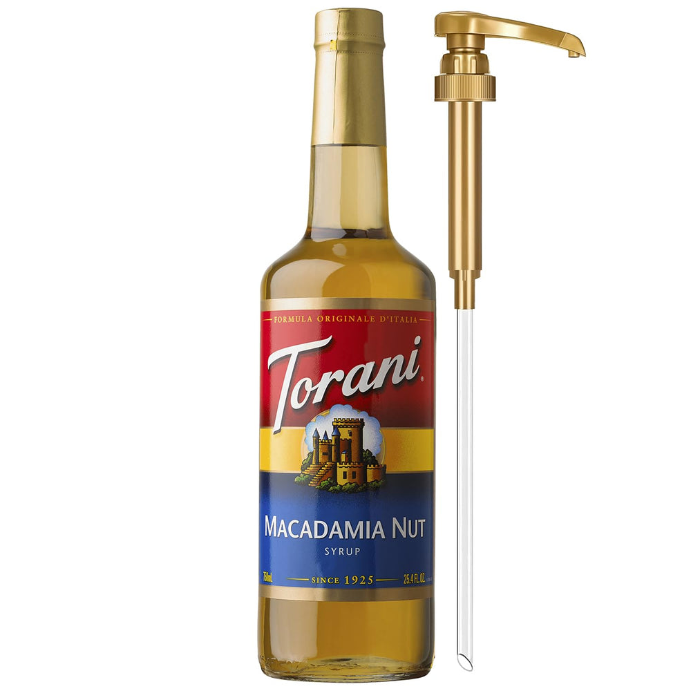 Torani Macadamia Nut Syrup bottle with pump for easy flavoring
