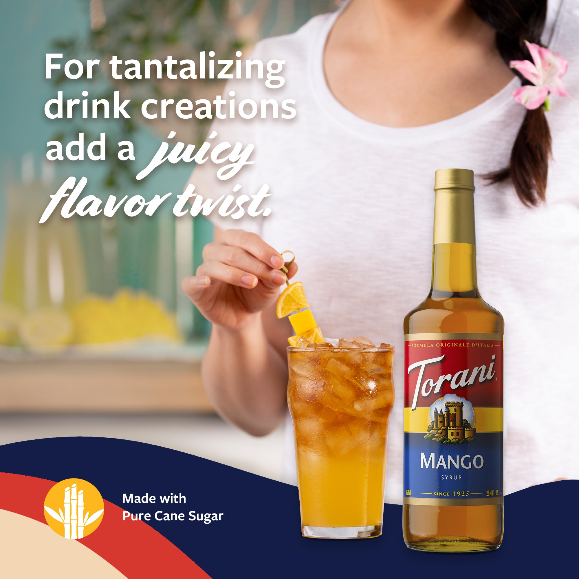 Torani Mango Syrup close label shows vibrant mango color and natural flavors.
