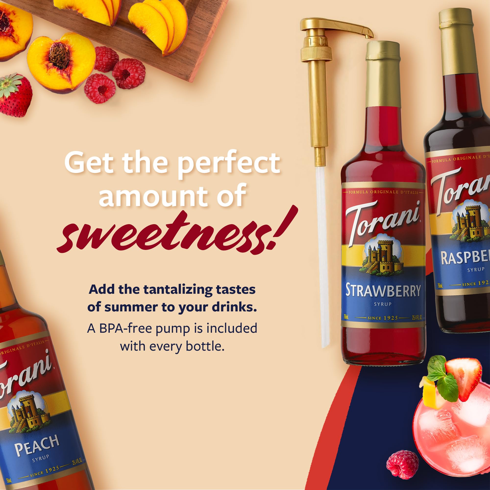 Torani peach syrup bottle with pump for refreshing beverages.