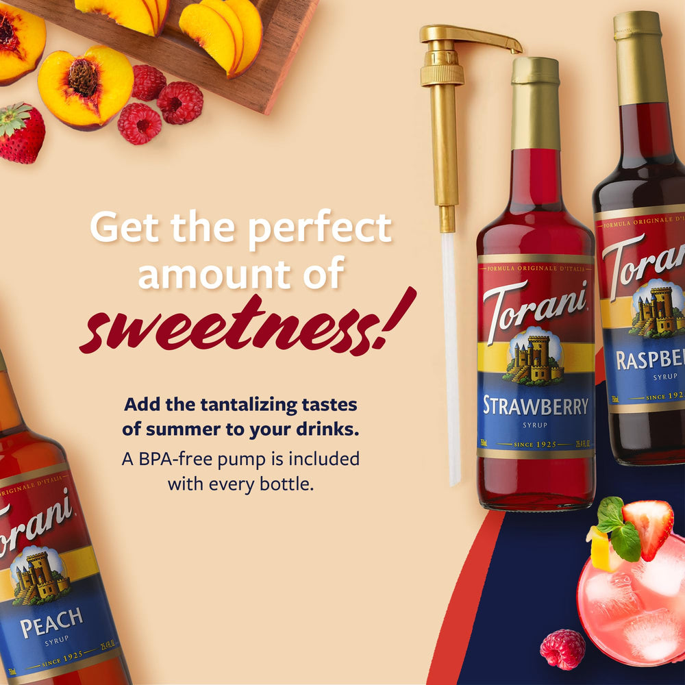 Torani peach syrup bottle with pump for refreshing beverages.