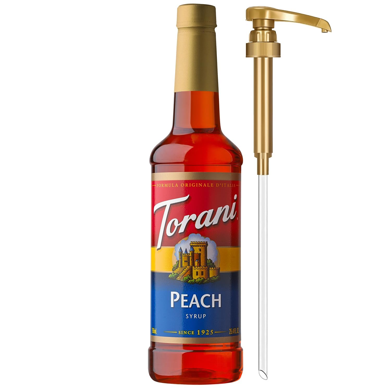 Torani peach syrup bottle with pump for drinks.