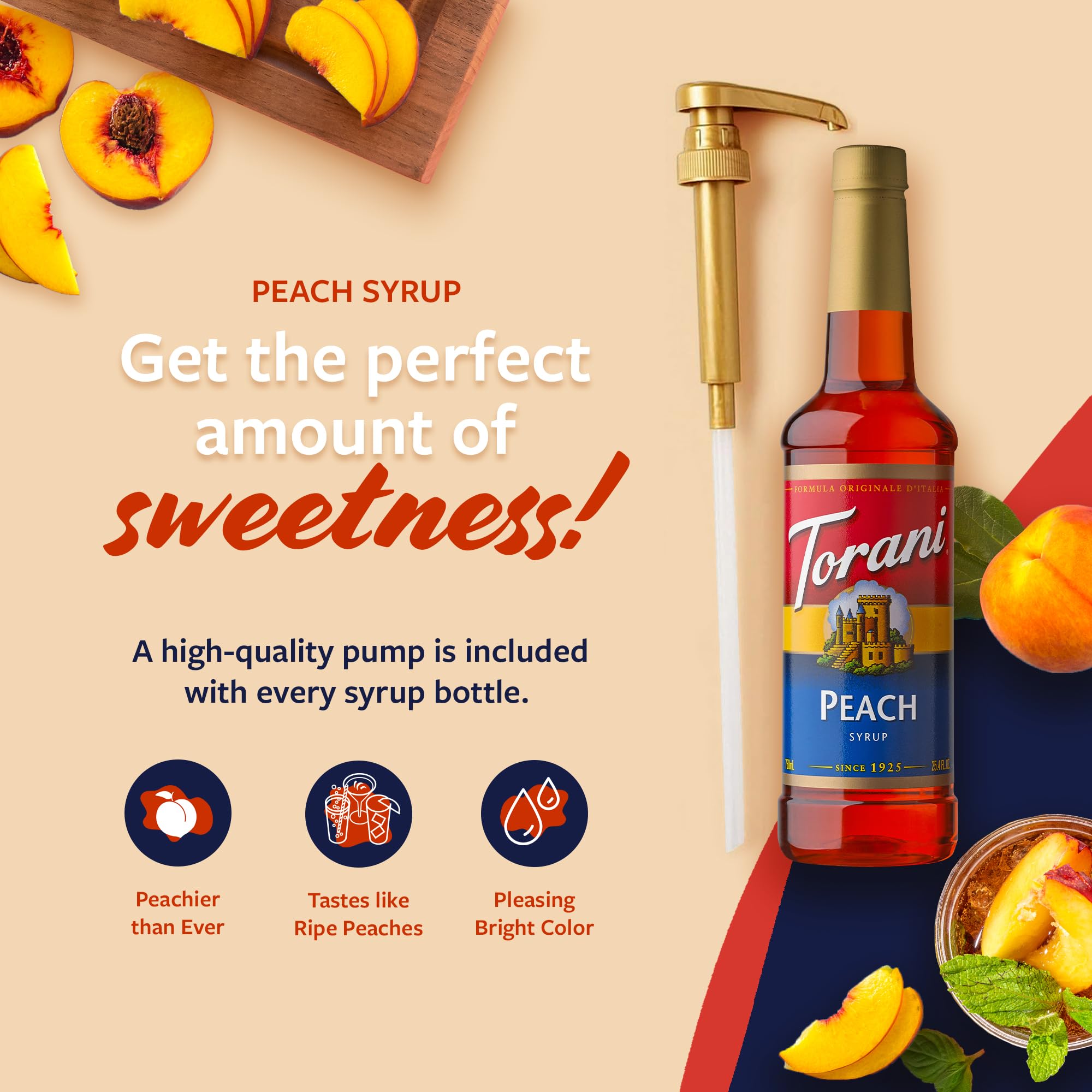 Torani Peach Syrup used in cocktails and mocktails for versatile flavoring.