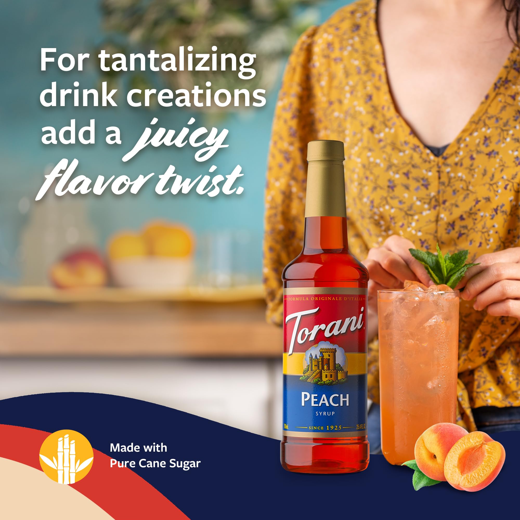 Torani Peach Syrup being added to iced tea for brightness.
